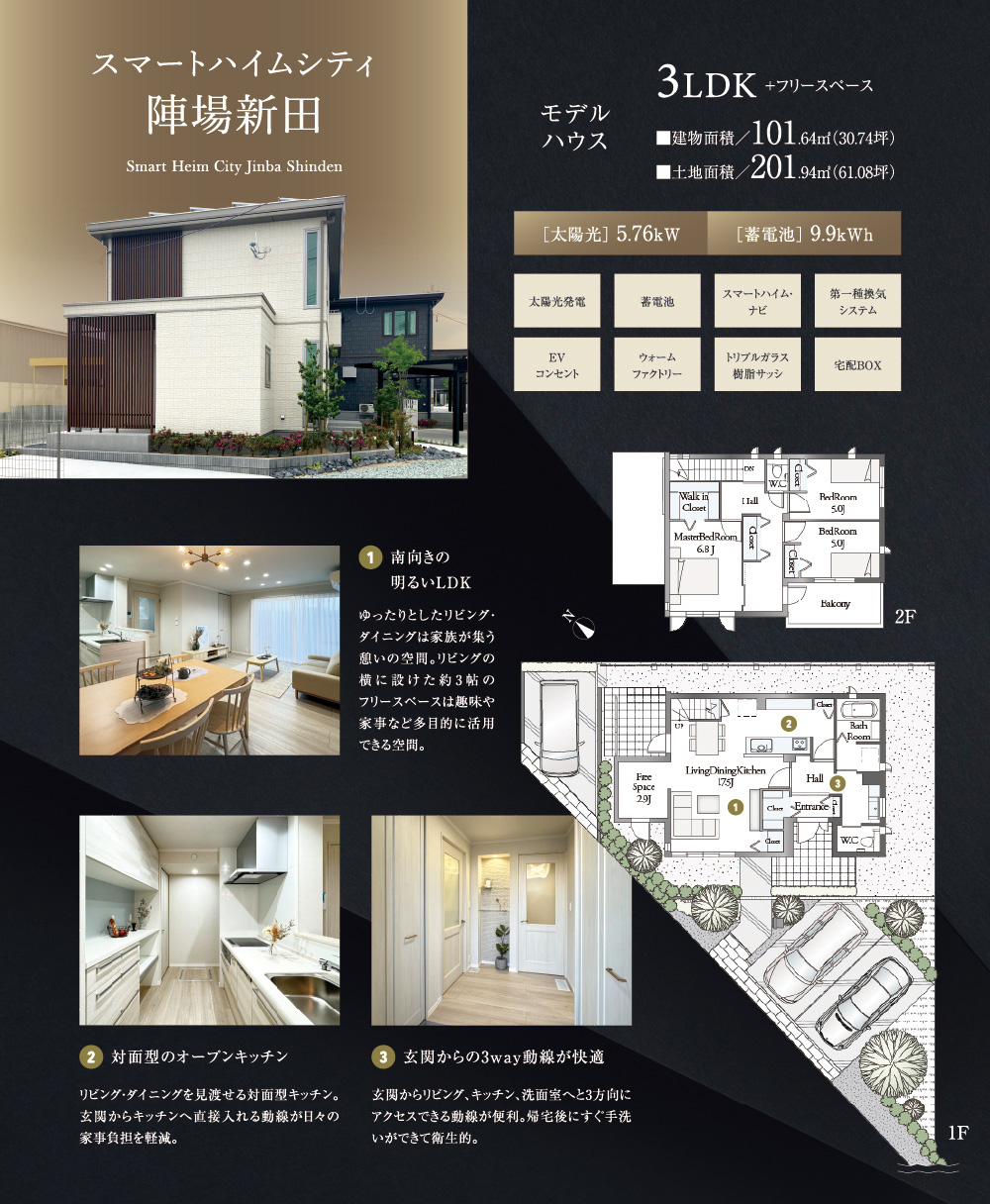スマートハイムシティ 陣場新田モデルハウス紹介画像。3LDK+フリースペースの間取りで、建物面積101.64㎡（30.74坪）、土地面積201.94㎡（61.08坪）と記載されています。上部には外観写真があり、白を基調としたモデルハウスが紹介されています。