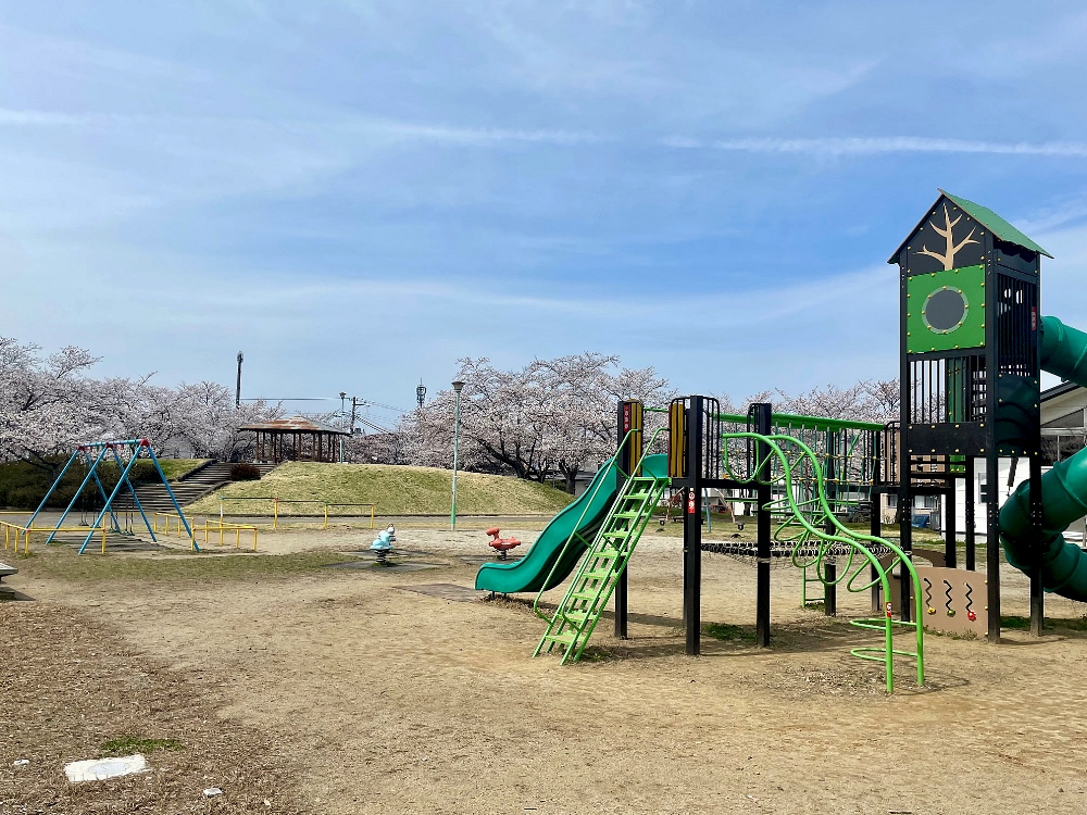 緑の遊具が特徴的な西田中央公園の外観。大きな遊具や滑り台があり、背景には丘、桜の木々が見えます。