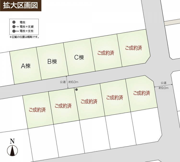 拡大区画図には、A棟、B棟、C棟の3つの分譲住宅が表示されています。下部には複数の区画があり、いずれもご成約済と記載されています。道路幅は約6.0mと9.0mです。