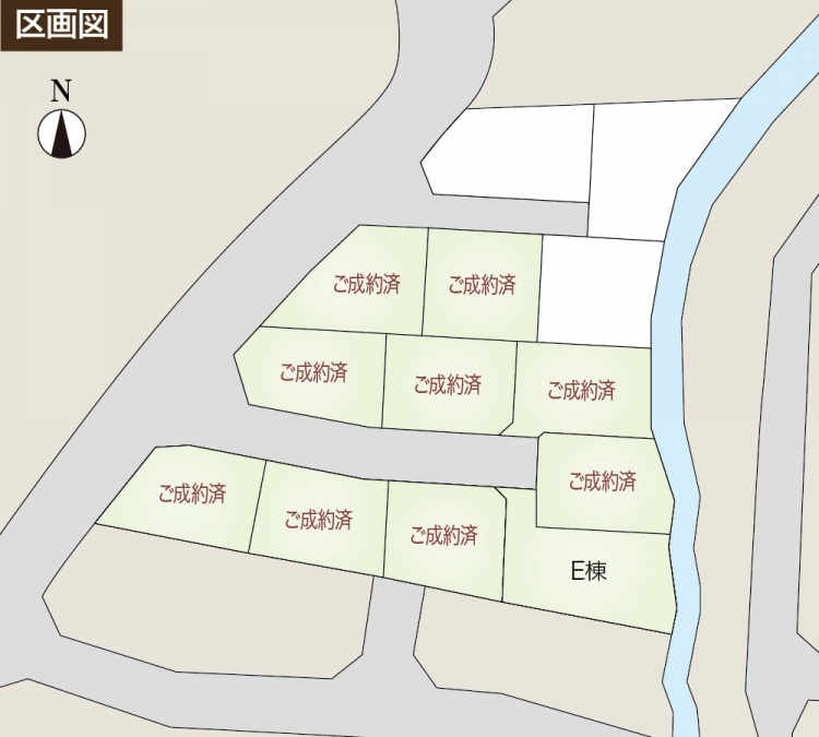 区画図です。川が右側を流れています。ご成約済という表示の区画がいくつかあり、E棟が記載されています。左上には北方向を示すコンパスが描かれています。