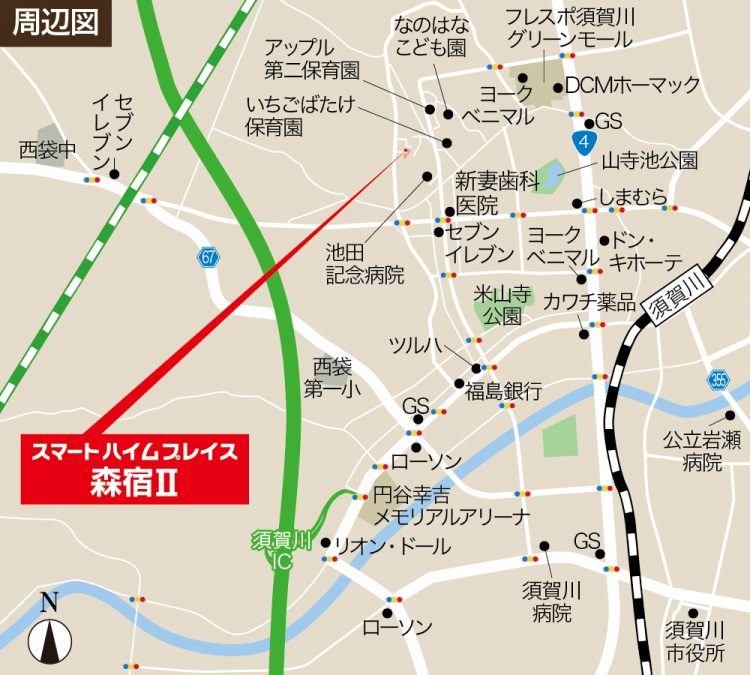 スマートハイムプレイス森宿II周辺地図。周辺の施設には学校、病院、商業施設、公園が表示されています。