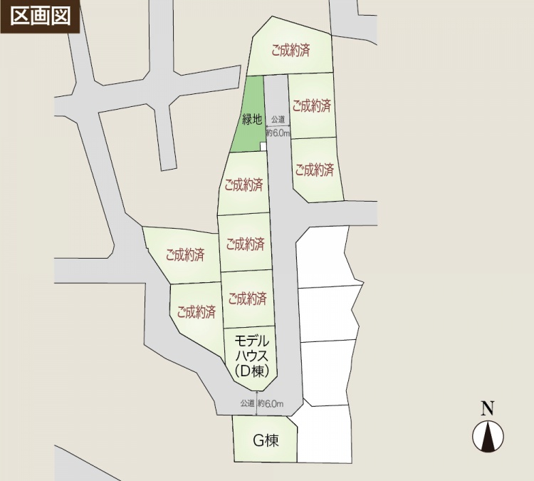 区画図。モデルハウスやG棟、緑地を含むエリアで、区画が「ご成約済」と表示されたものが複数あります。中央に公道が通っており、道幅は約6メートルです。