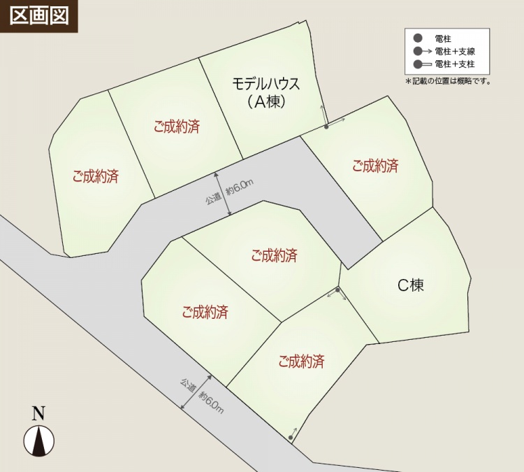 区画図。モデルハウスとC棟が配置されており、その他の区画にはご成約済と表示され、6メートル幅の公道が通っています。