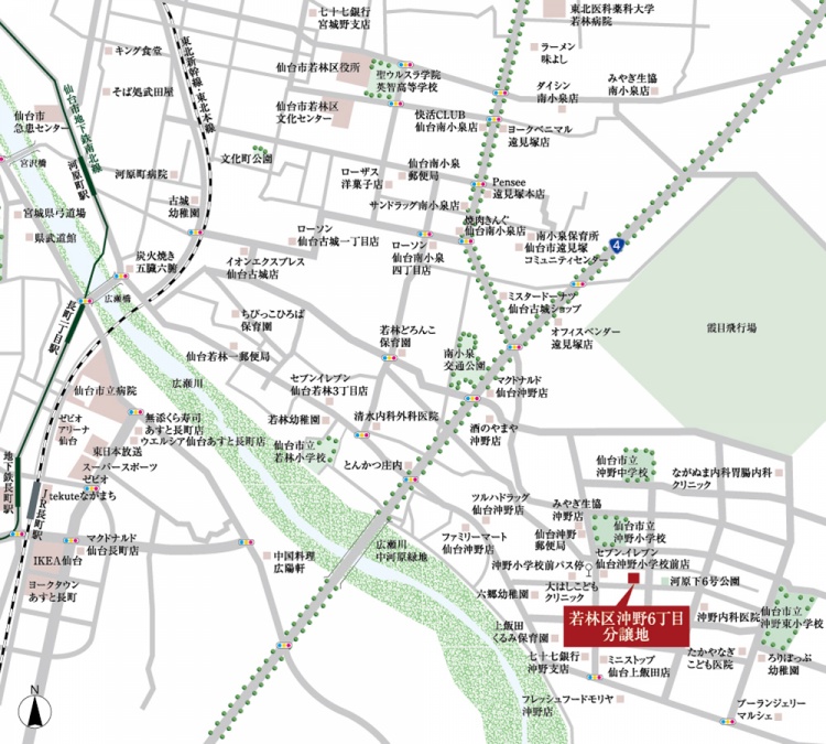 若林区沖野6丁目分譲地の周辺地図。赤いマークで強調され、周辺には保育園や病院、ショッピングエリア、学校などが表示されています。地図の左下には仙台駅やIKEA仙台も示されています。