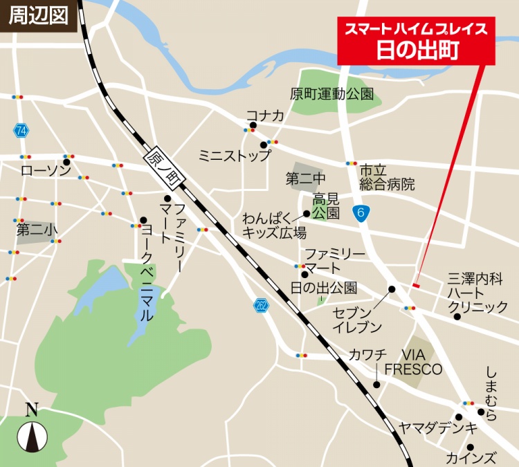スマートハイムプレイス日の出町の周辺地図。周辺の施設には、公園、コンビニ、病院、学校などが表示されています。