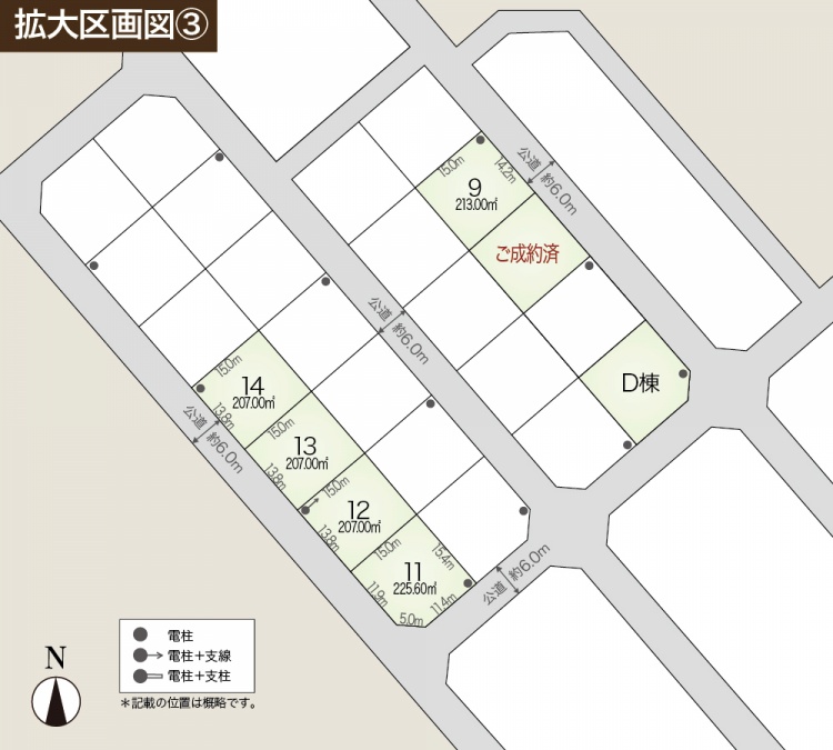拡大区画図3。9から14番までの区画には、面積と分譲住宅建築予定地が表示されています。道路幅はすべて約6.0mです。左下には北方向を示すコンパスが描かれています。