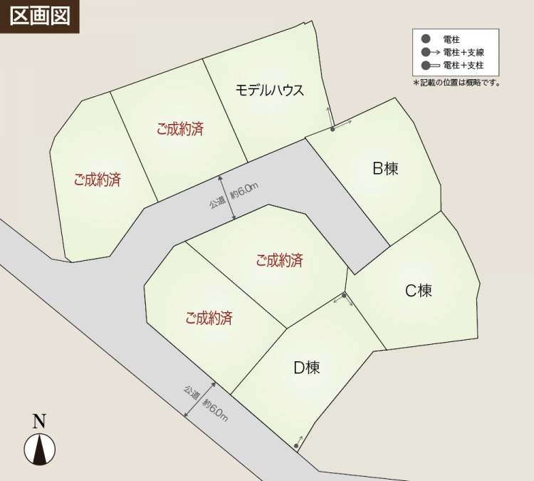 区画図。モデルハウスとB棟、C棟、D棟が配置されており、その他の区画にはご成約済と表示され、6メートル幅の公道が通っています。