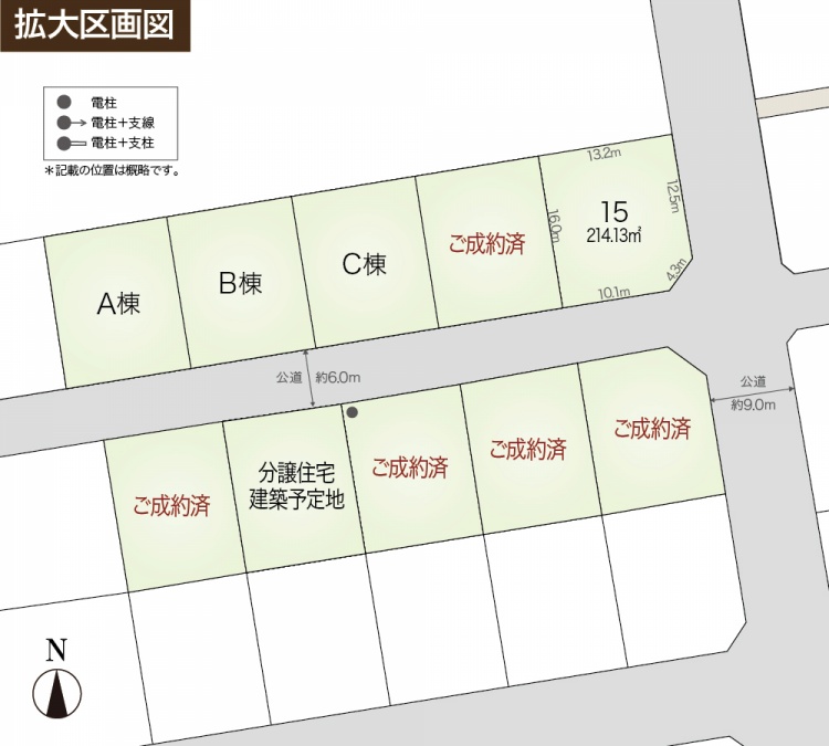 拡大区画図には、A棟、B棟、C棟の3つの分譲住宅と、14番、15番の区画が表示されています。14番区画は213.91㎡、15番区画は214.13㎡です。下部には複数の区画があり、いずれもご成約済と記載されています。道路幅は約6.0mと9.0mです。