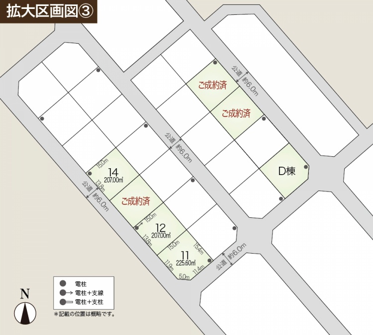 拡大区画図3。9から14番までの区画には、面積と分譲住宅建築予定地が表示されています。道路幅はすべて約6.0mです。左下には北方向を示すコンパスが描かれています。
