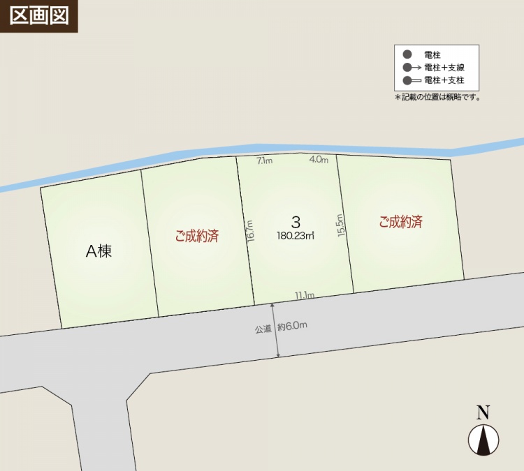 公道に面した3つの区画図で、左からA棟、B棟、区画3、180.23㎡、右端がご成約済となっています。右下には北方向を示すコンパスが描かれています。