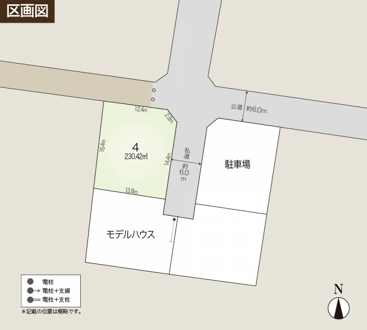 “区画図。モデルハウスや駐車場、1つの土地（区画4）が描かれており、それぞれの面積が示されています。周辺には約6.0mの公道と私道が通じており、電柱と支線の位置も記載されています。