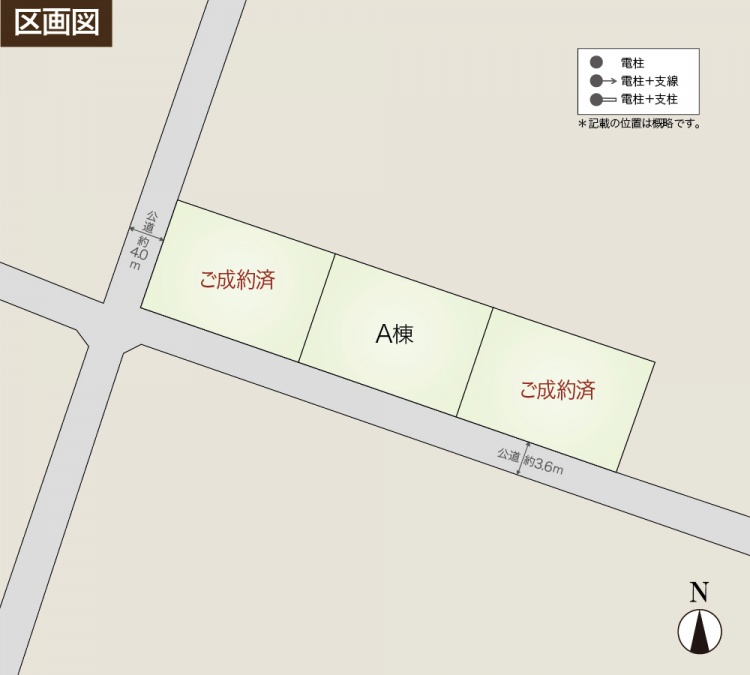 区画図。A棟が中央にあり、その両側にはご成約済の区画が表示されています。道路は周囲に配置されており、電柱や電柱+支線の位置が地図上に示されています。