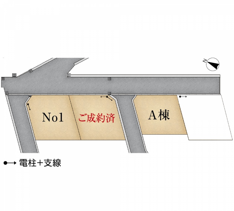 区画図。2つの区画が表示されており、No.1と成約済、道路を挟みA棟の区画がそれぞれ示されています。道路と電柱の位置も確認できます。