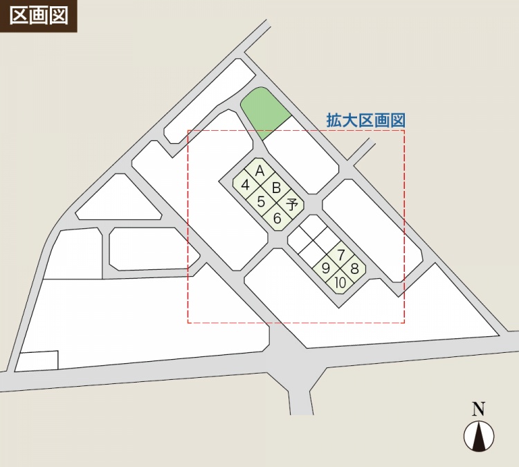 区画図。10区画の分譲地が配置されており、各区画に番号が振られています。周囲には道路があり、一部に緑地も設けられています。