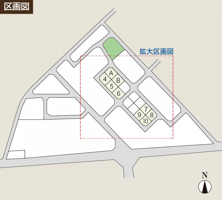 区画図。10区画の分譲地が配置されており、各区画に番号が振られています。周囲には道路があり、一部に緑地も設けられています。