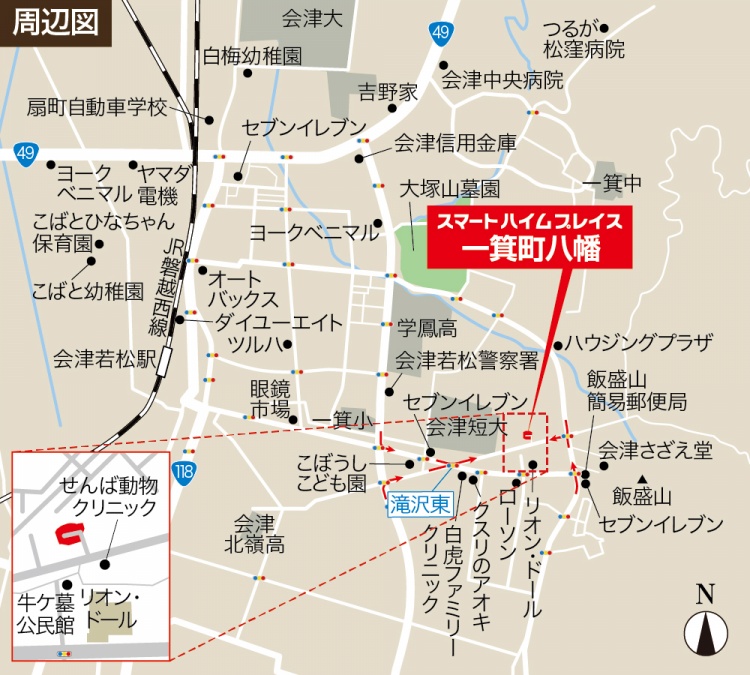 会津若松市の地図。JR磐越西線、主要道路、病院、学校、警察署、店舗などが表示されている。