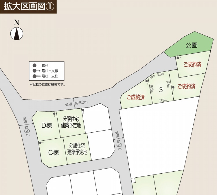 区画図。C棟、D棟、公園、および区画番号3が描かれています。公道は約6メートルの幅があり、電柱や支線の位置も記載されています。