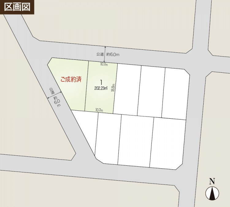 区画図。区画1（202.23㎡）と「ご成約済」の土地も表示され、公道に面している。道路幅は約6.0m。
