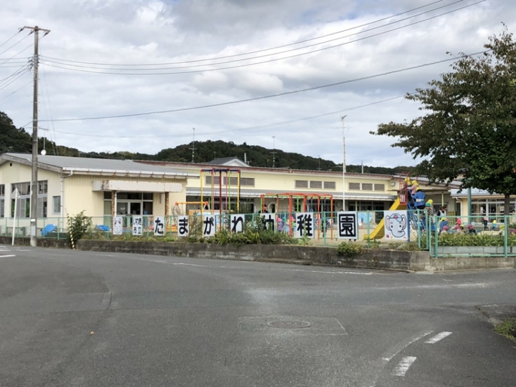 薄黄色の外壁が特徴的な玉川幼稚園の外観。遊具があり、フェンスにたまがわようちえんと書かれています。
