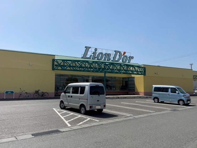 黄色の外壁が特徴的なリオンドールスーパー須賀川南店の外観。駐車場には数台の車が停められています。