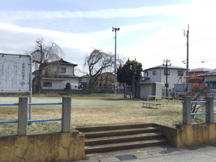 芝生と遊具のあるわかば公園の外観。ベンチや看板、周囲に住宅が見えます。