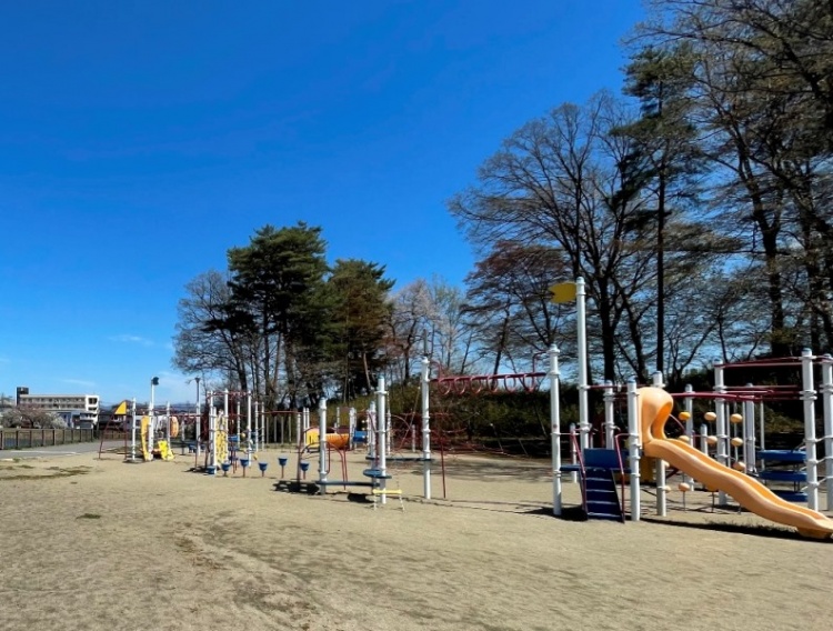 山寺池公園の外観。多目的広場に設置された滑り台などの遊具が見え、背景には木々が広がっています。