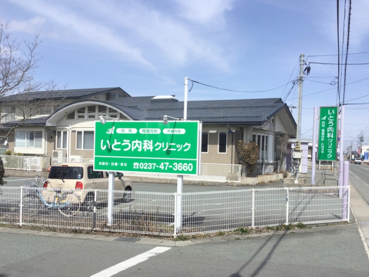 緑色の看板のいとう内科クリニックの外観。電話番号も表示されています。