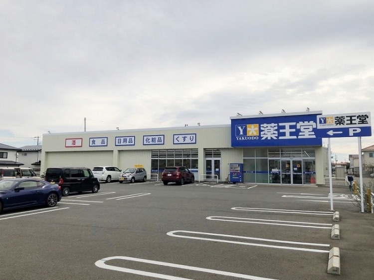 薬王堂潟上追分店の外観。駐車場には数台の車が停まっており、建物看板には酒、食品、日用品、化粧品、くすりの看板があります。