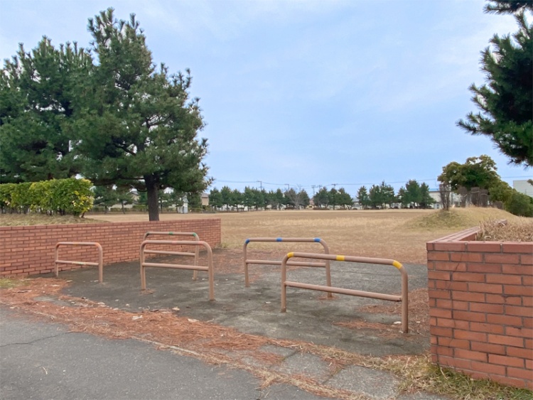 広場と植え込みがある大宮公園の外観。鉄柵と赤レンガの境界が見えます。