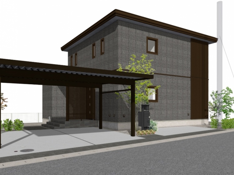 落ち着いた色合いの外壁が特徴的な二階建ての住宅。玄関前には木目調の格子があり、和の雰囲気を感じさせる。カーポートが備えられ、車を停めるスペースも確保。周囲には緑が植えられ、自然の彩りが加えられている。