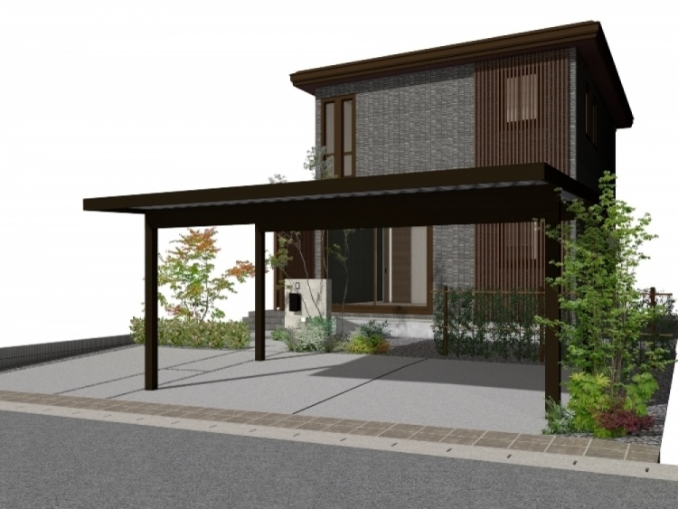 スタイリッシュな外観の二階建て住宅の完成予想図。落ち着いたダークトーンの外壁と縦格子のデザインがモダンな印象を与えています。
