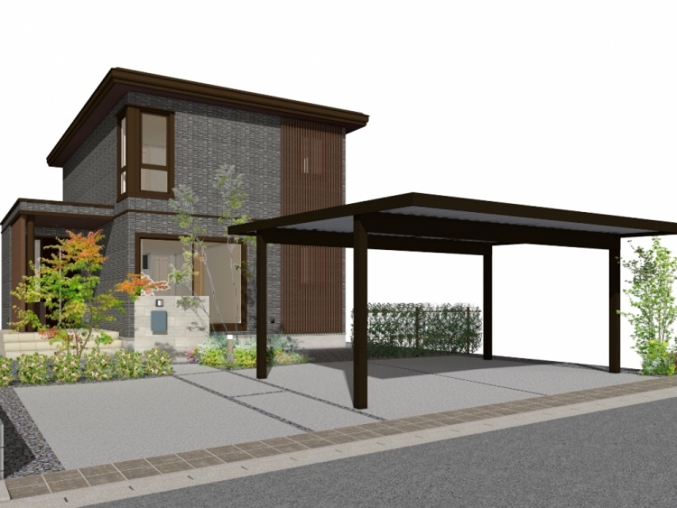 モダンな二階建て住宅の外構完成予想図。ダークグレーの外壁と縦格子がスタイリッシュな印象を与え、正面には大きなカーポートが設置されています。