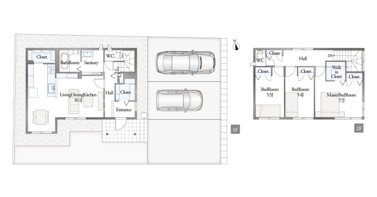 2階建ての家の間取り図。1階はリビングダイニングキッチン、バスルーム、トイレ、駐車スペース。2階は3つのベッドルームとウォークインクローゼット、トイレがあります。