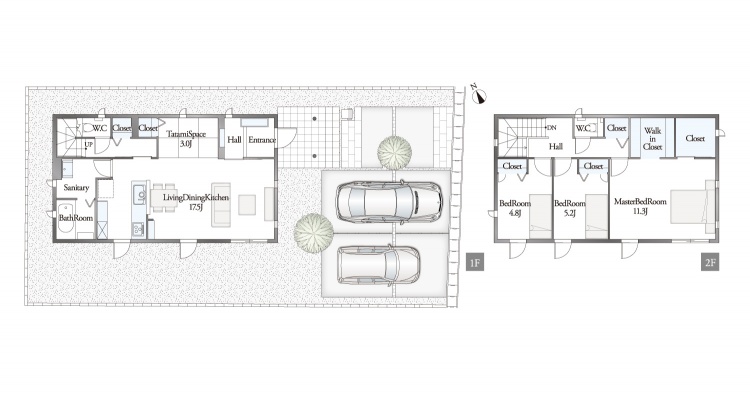 2階建て一軒家の間取り図。中央にリビング・ダイニング・キッチン、駐車場には2台の車が描かれています。