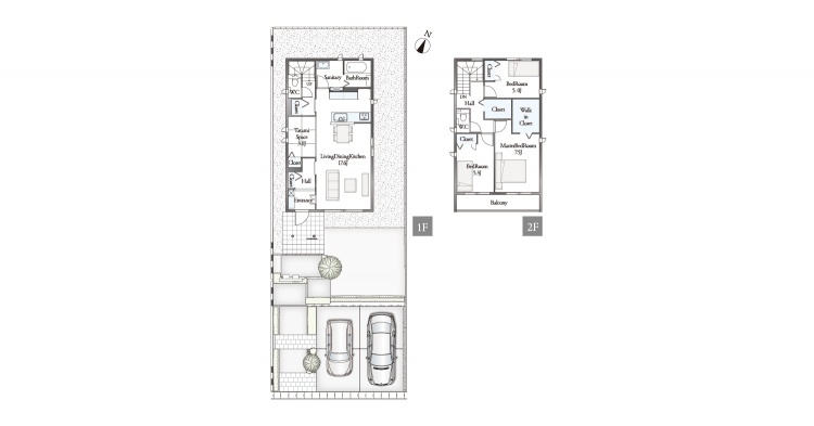 住宅の間取り図。１階にはリビングダイニングキッチン、浴室、畳スペース、トイレ等があり、2階には主寝室が3つとバルコニー等。駐車場は車が2台停められます。