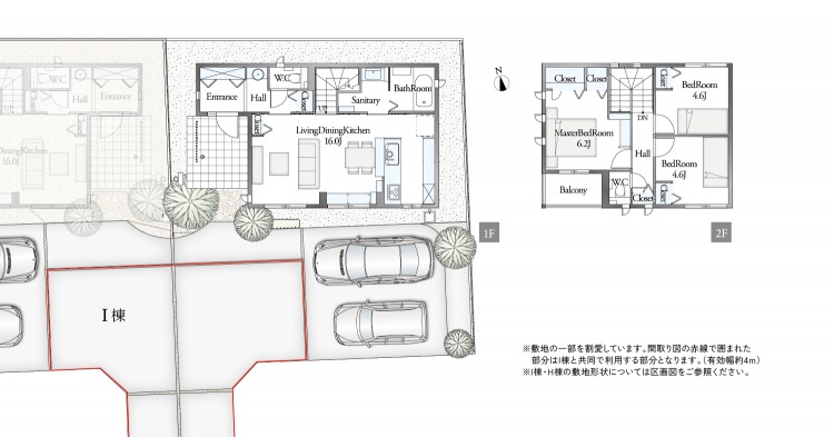 住宅の間取り図。１階にはリビングダイニングキッチン、浴室、があり、2階には主寝室が3つとバルコニー等。駐車場は車が２台停められます。