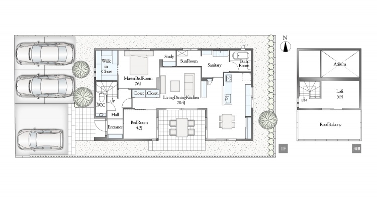 住宅の間取り図。１階にはリビングダイニングキッチン、サンルーム、浴室、2つの寝室、トイレ等があり、2階にはロフト、バルコニー等。駐車場は車が3台停められます。