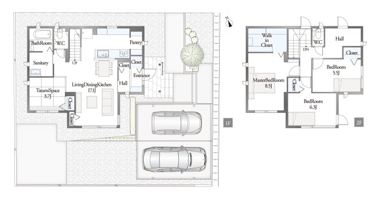 住宅の間取り図。１階にはリビングダイニングキッチン、浴室、畳スペース、トイレ等があり、2階には寝室が3つとバルコニー等。駐車場は車が2台停められます。