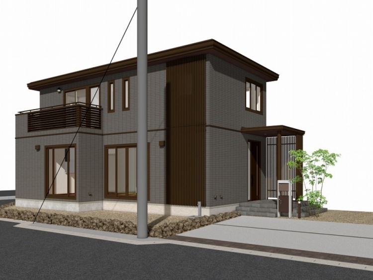 落ち着いたダークグレーのタイル調外壁に、木目調の縦格子ルーバーがアクセントを添える、モダンで洗練された外観の住宅です。
