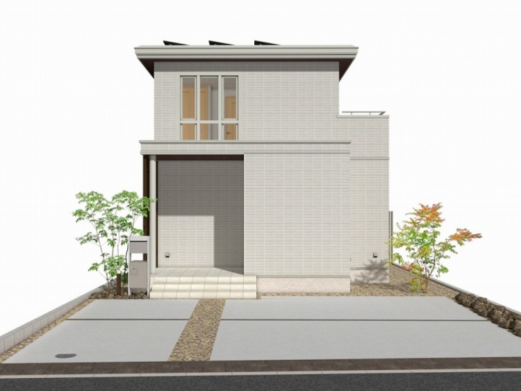 白を基調としたタイル調の外壁が明るい印象を与える、駐車場と植栽を備えたモダンな2階建て住宅です。