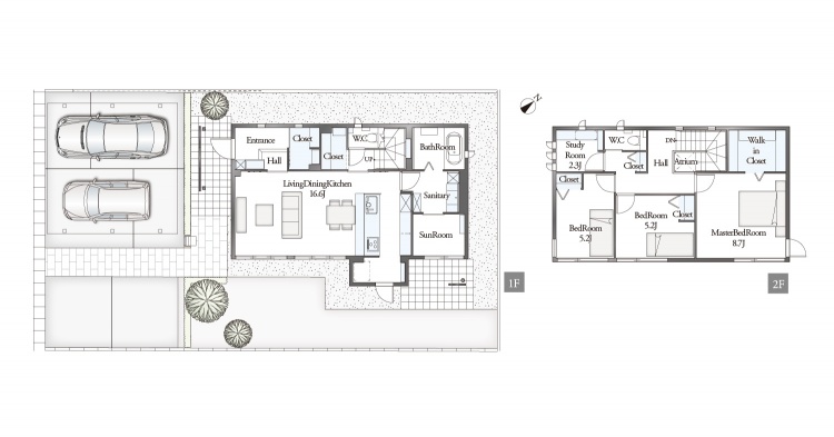 2台の車が停められる駐車スペースがある、2階建ての家の間取り図。1階にはリビング、ダイニング、キッチンやバスルームがあり、2階には3つの寝室があります。