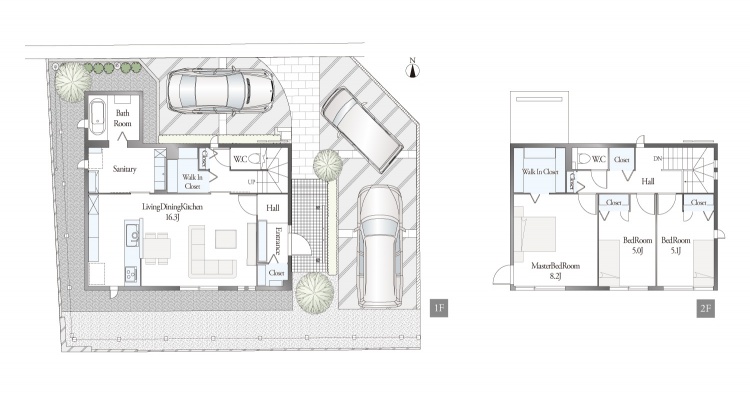 住宅の間取り図。１階にはリビングダイニングキッチン、サニタリー、浴室2階には主寝室が3つとバルコニー等。駐車場は車が3台停められます。,