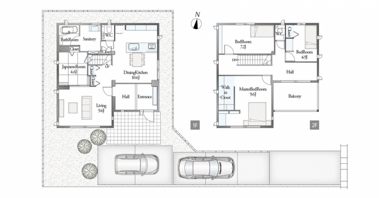 住宅の間取り図。１階にはリビングダイニングキッチン、浴室、畳スペース、トイレ等があり、2階には寝室が3つとバルコニー等。駐車場は車が2台停められます。