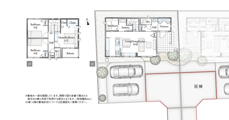 住宅の間取り図。１階にはリビングダイニングキッチン、浴室があり、2階には主寝室が3つとバルコニー等。駐車場は車が２台停められます。