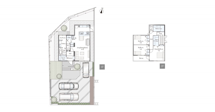 住宅の間取り図。１階にはリビングダイニングキッチン、浴室、サンルームがあり、2階には主寝室が3つとバルコニー等。駐車場は車が3台停められます。