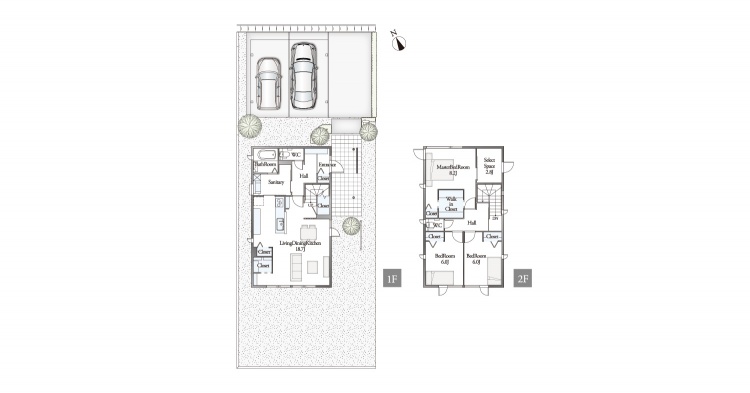 住宅の間取り図。１階にはリビングダイニングキッチン、浴室、トイレ等があり、2階には寝室が3つとバルコニー等。駐車場は車が2台停められます。