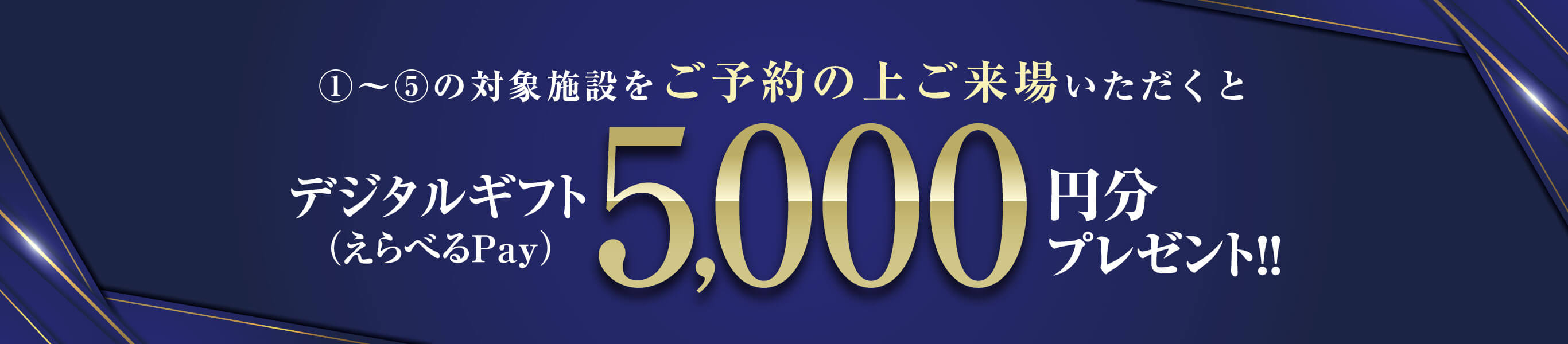 ①〜⑤の対象施設をご予約の上ご来場いただくと、デジタルギフト（えらべるPay）最大5,000円分プレゼント!!