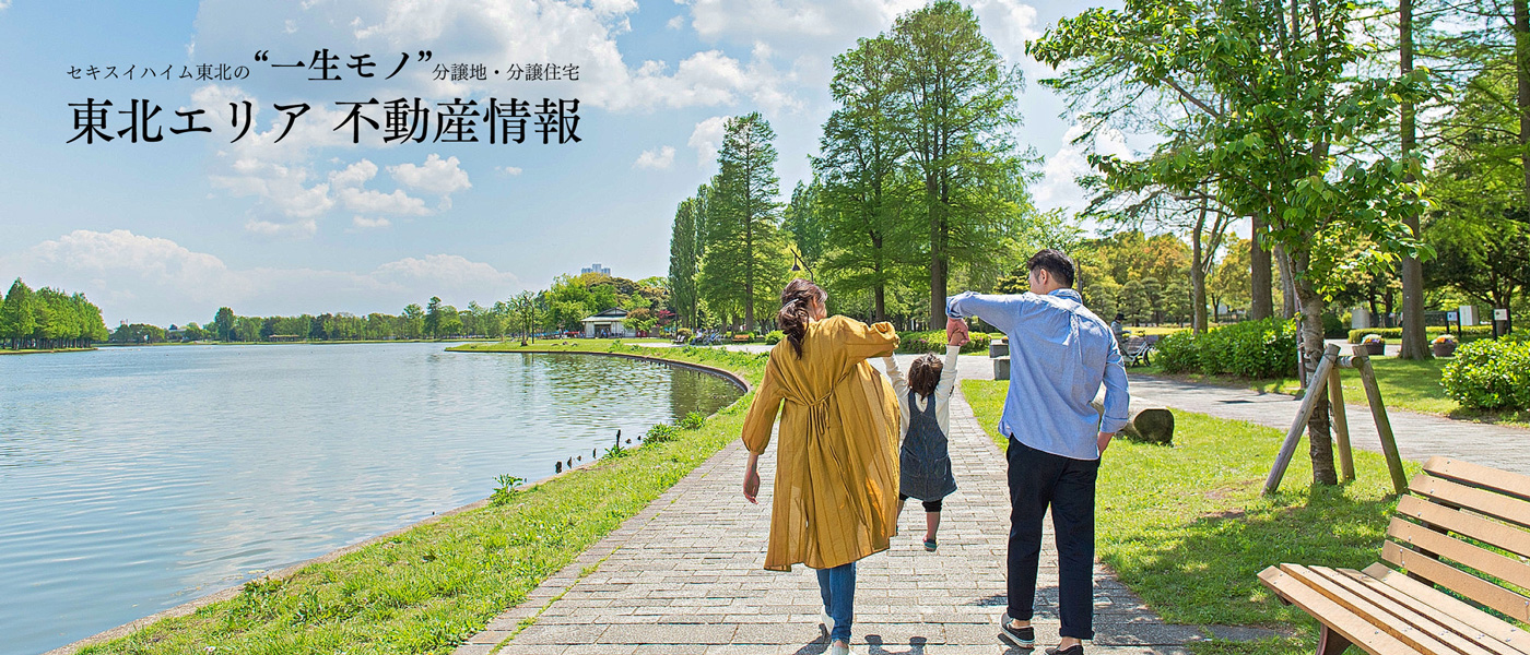 東北エリア不動産情報のメインビジュアルです。湖畔の遊歩道を家族が手をつないで歩いている風景。青空の下、緑豊かな公園が広がっています。