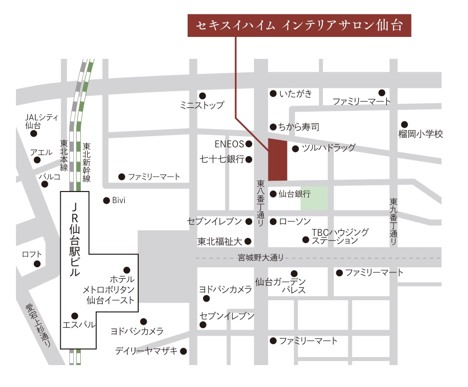 セキスイハイム インテリアサロン仙台周辺の地図。東八番丁通り近くに位置しており、周囲には仙台銀行やファミリーマートなどが並んでいます。
