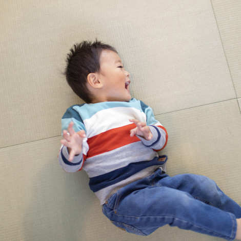 Great lunのイメージ画像。幼い男の子が畳の上で笑いながら寝転んでいる。カラフルなストライプのシャツを着て、元気いっぱいに楽しそうな表情を見せています。リラックスした雰囲気が伝わる一瞬です。